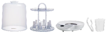 Disassembled Snookums electric steam steriliser showing the lid, bottle rack, base, power cord and measuring cup.