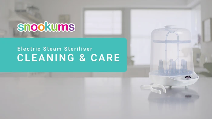 Snookums electric steam steriliser cleaning and care guide cover featuring the steriliser on a kitchen countertop.