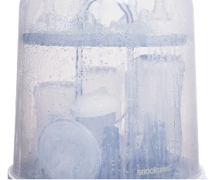 Snookums electric steam steriliser with baby bottles and accessories inside during the sterilisation cycle.