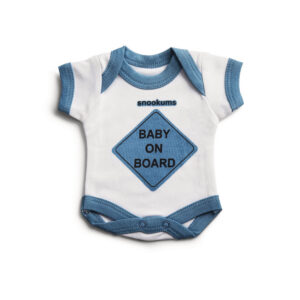 Blue baby on board bodysuit with short sleeves and snap closures
