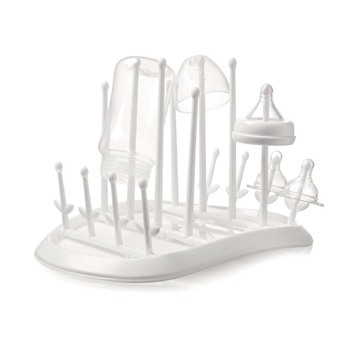 White baby bottle drying rack with multiple drying posts for bottles, nipples and accessories