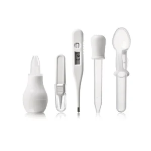 Baby medical starter kit with thermometer, nasal aspirator, medicine dropper, spoon and baby tweezers