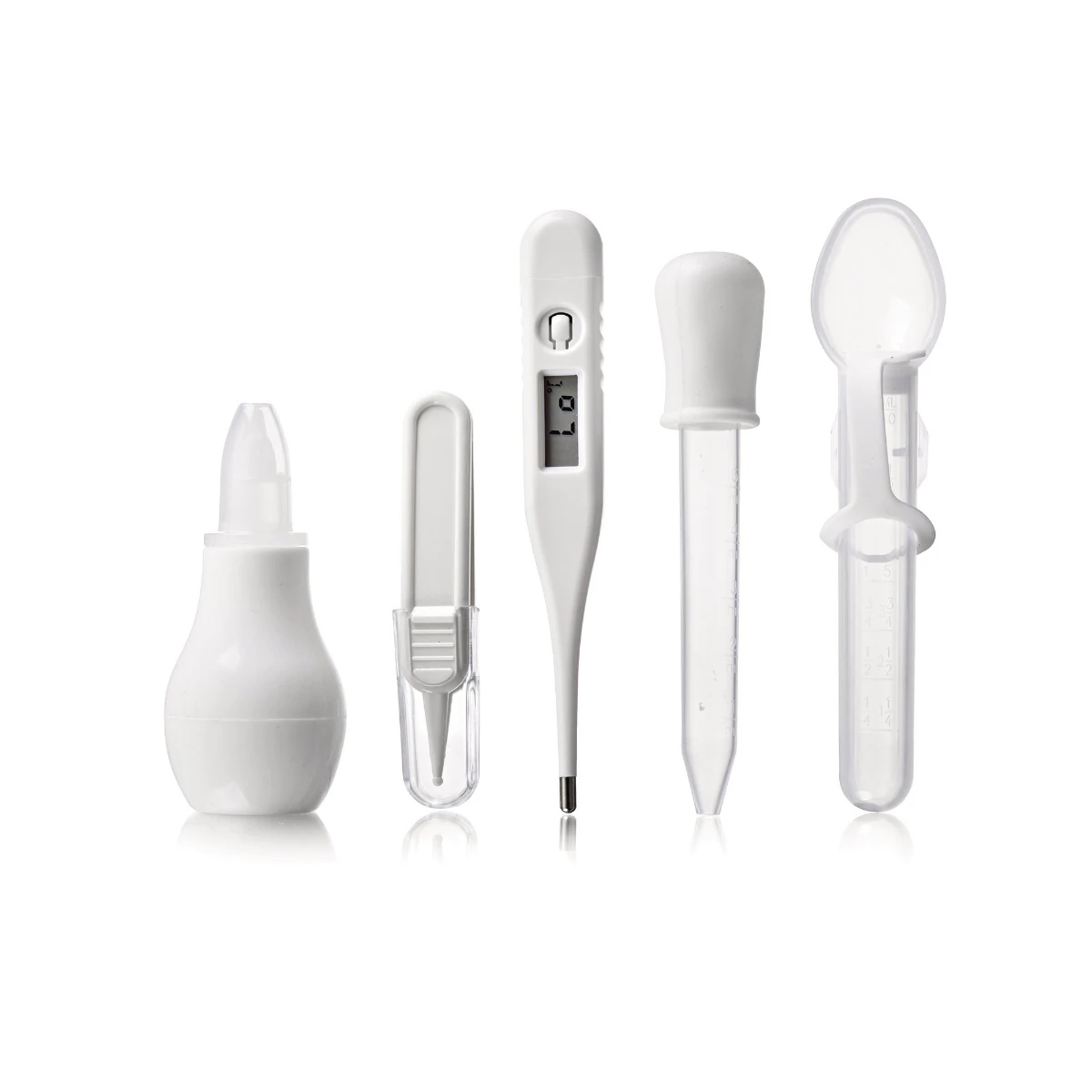 Baby medical starter kit with thermometer, nasal aspirator, medicine dropper, spoon and baby tweezers
