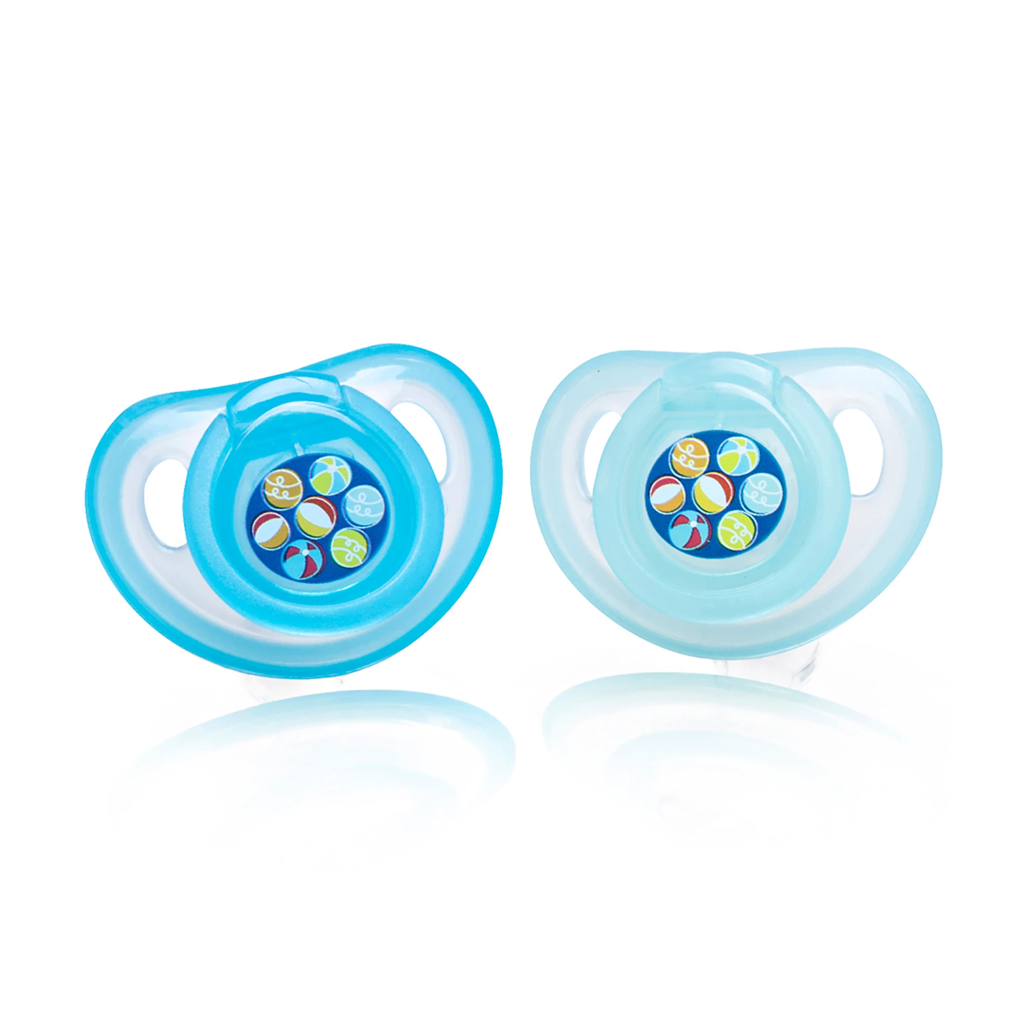 Cherry silicone dummies in blue with colourful decorative designs