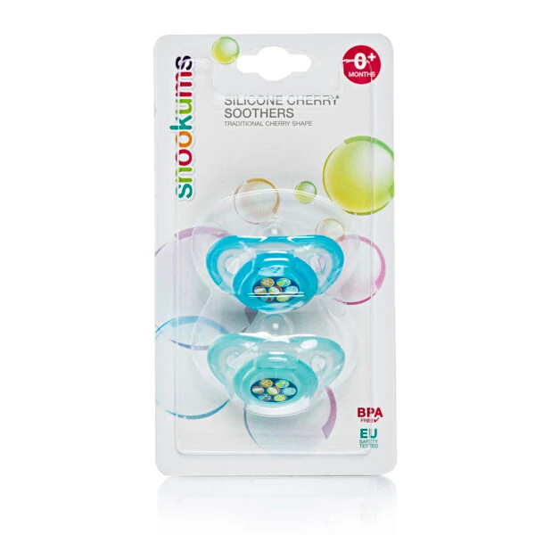 Snookums blue silicone cherry dummy two-pack in retail packaging