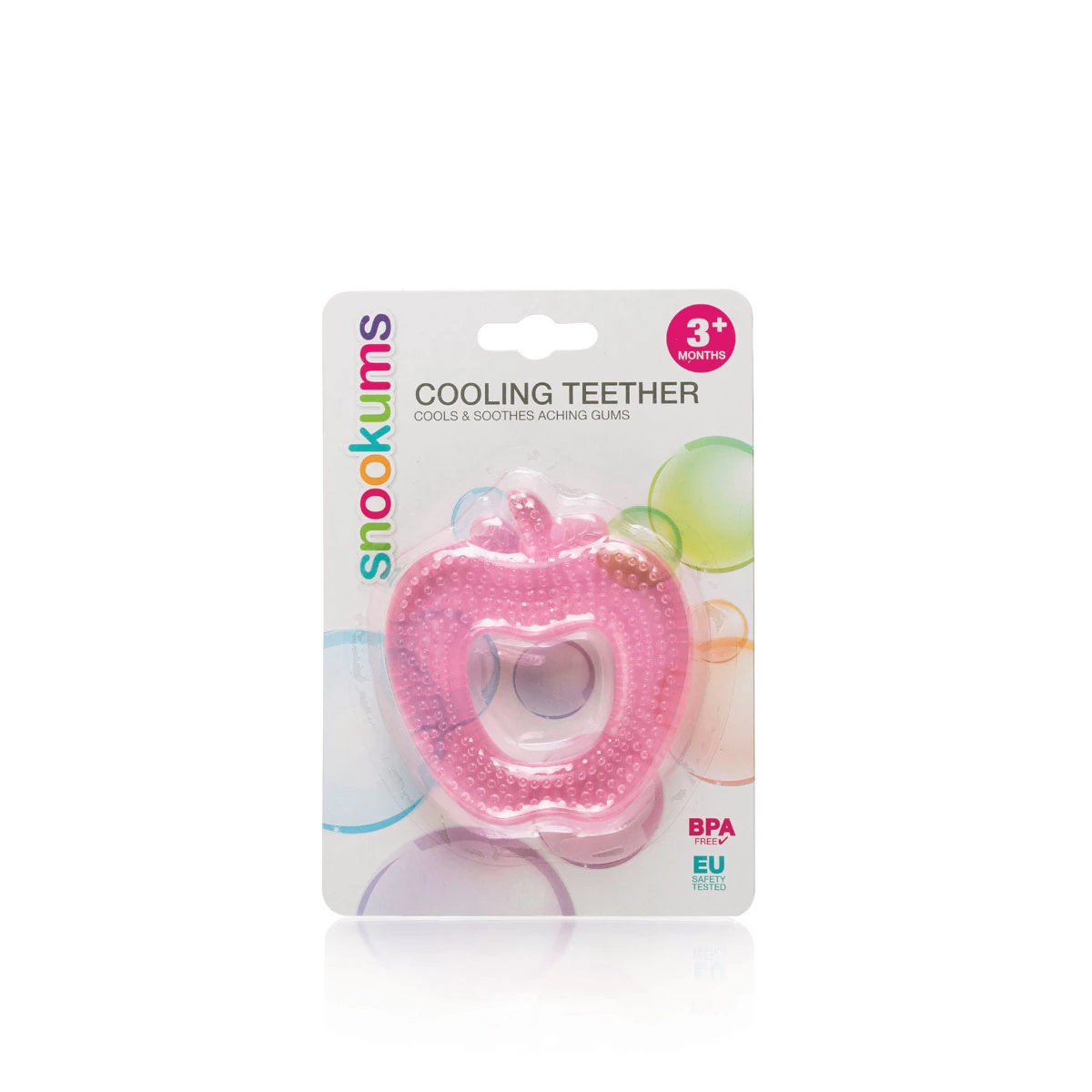 Snookums pink cooling teether in apple shape with textured surface and packaging for babies 3 months and older