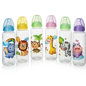 Snookums baby bottles with colourful silicone teats and animal designs