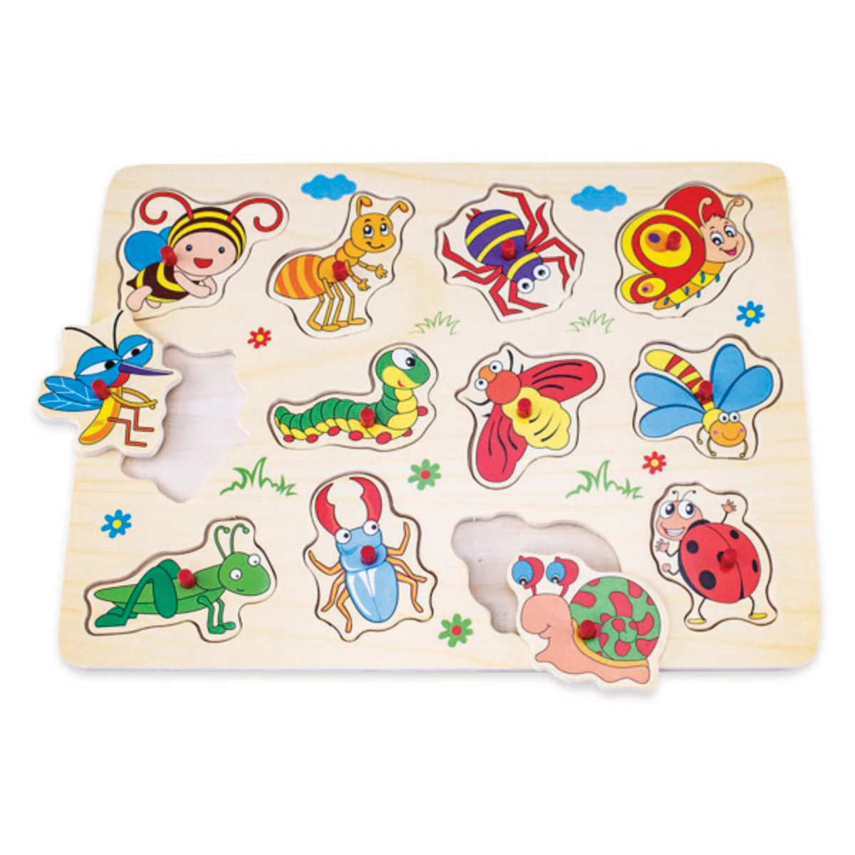 Kids bugs wooden peg puzzle with 12 colourful insect pieces