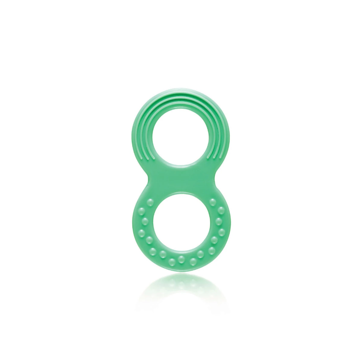 Green Snookums baby rubber teether with textured surfaces for soothing gums