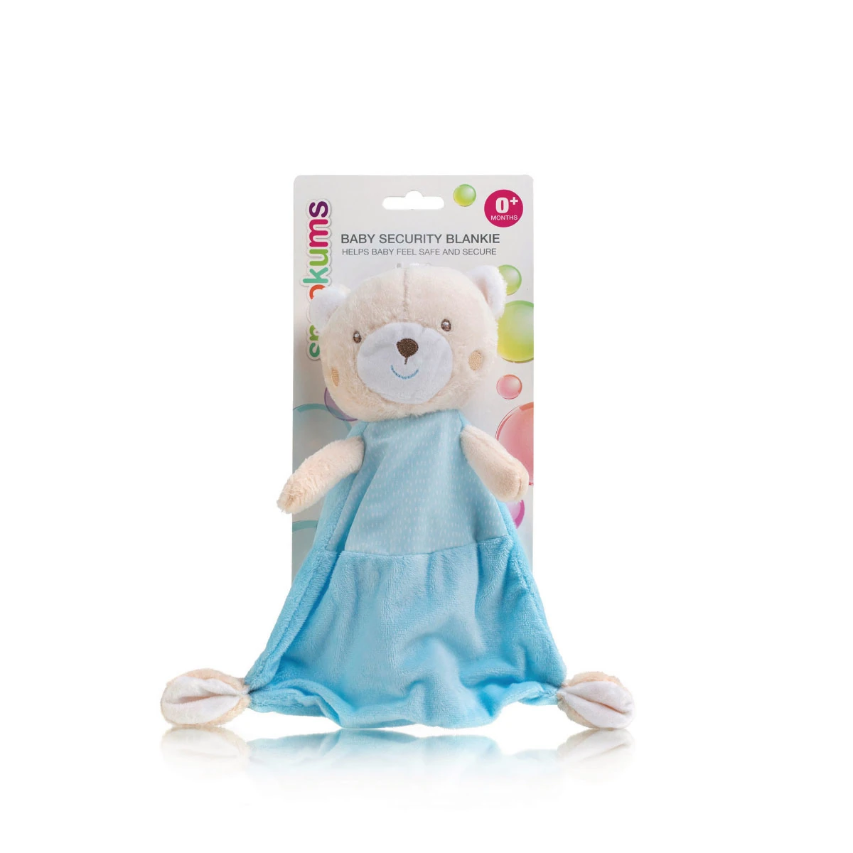 Baby Security Blankie in retail packaging with blue teddy character