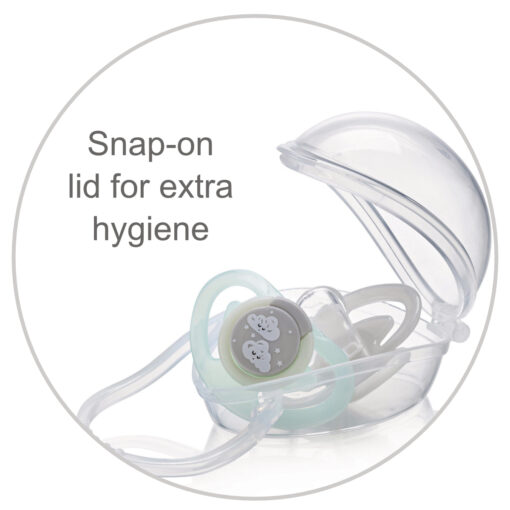 Pacifier holder with snap-on lid. Durable design holds two soothers, perfect for busy parents.